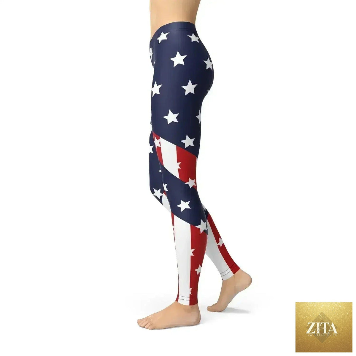 Femstylo women's American flag leggings showing vibrant stars and stripes on stretchy fabric for patriotic style.