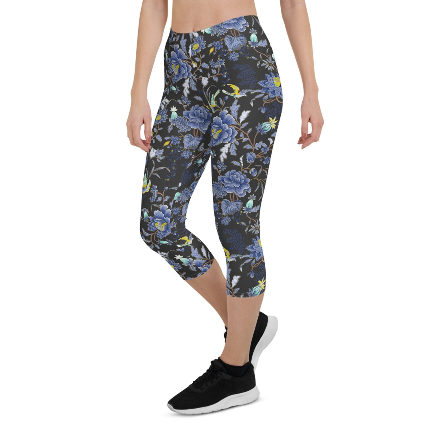 Oriental Floral Capri Leggings on Dark Gray Maroon Sooty