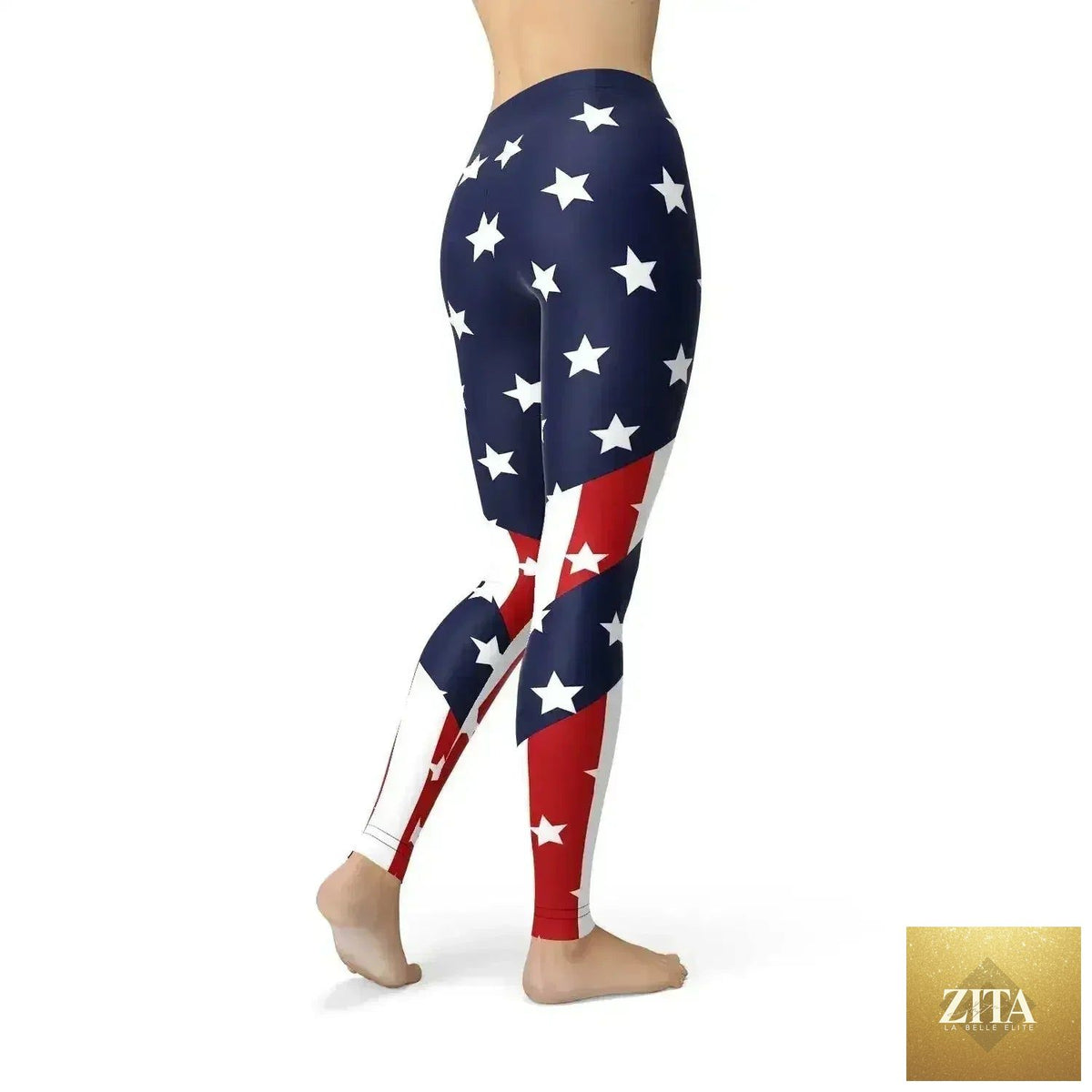 Women’s American flag leggings by Femstylo featuring patriotic stars and stripes in vibrant red, white, and blue.