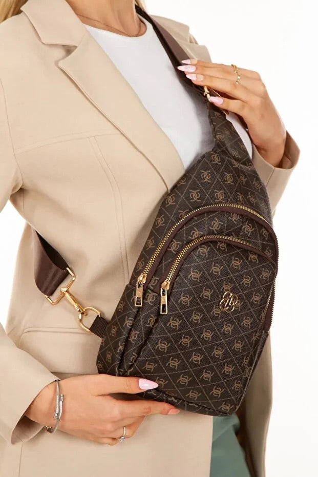 Women’s Brown Leather Monogram Crossbody Belt Chest and Shoulder Bag