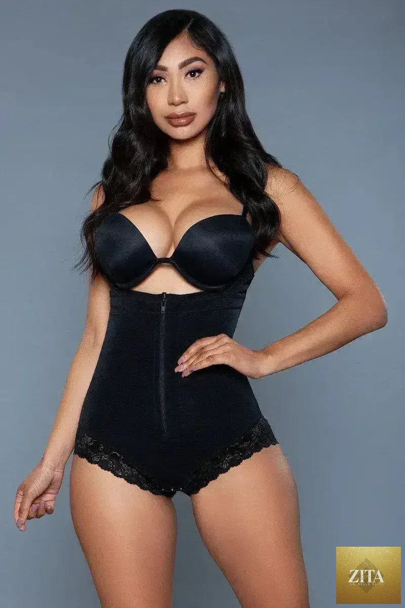 Femstylo tummy control bodysuit, close-up of sleek black shaping bodysuit with smooth fabric and supportive design.