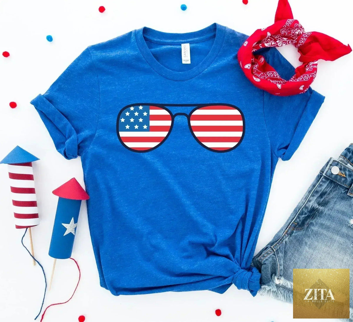 Femstylo American Flag sunglasses T-shirt made of premium cotton, featuring a bold American flag design on the front.