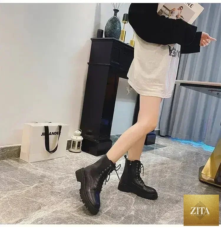 Femstylo Rhinestone Martin Boots with sparkling embellishments, featuring bold style and durable leather construction.