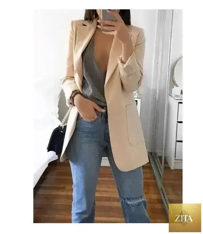 Femstylo women's slim blazer suit jacket in autumn casual style, perfect for office or casual wear, shown on a model.