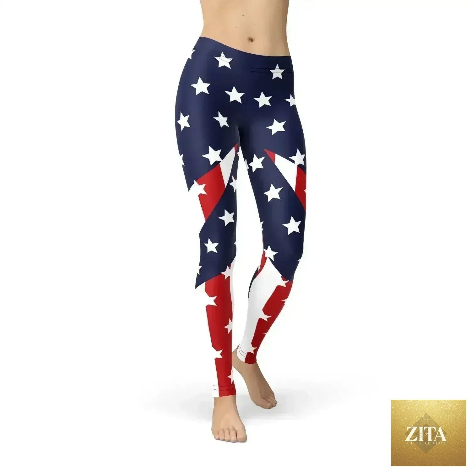Femstylo women's American flag leggings featuring bold red, white, and blue star and stripe patterns on stretchy fabric.
