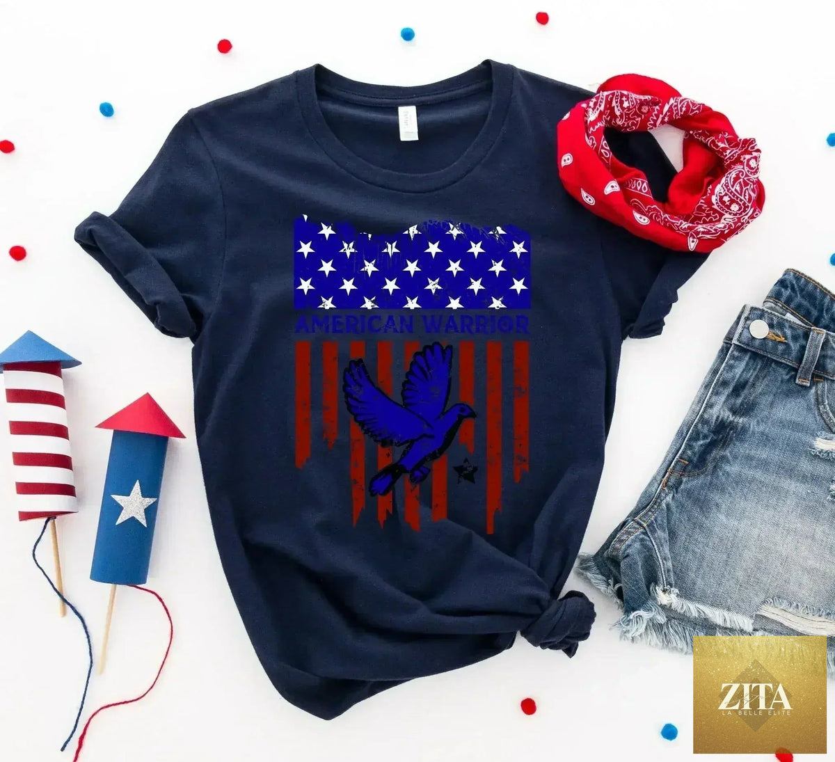 American Warrior T-shirt by Femstylo, premium ring-spun cotton tee featuring bold design symbolizing strength and pride.