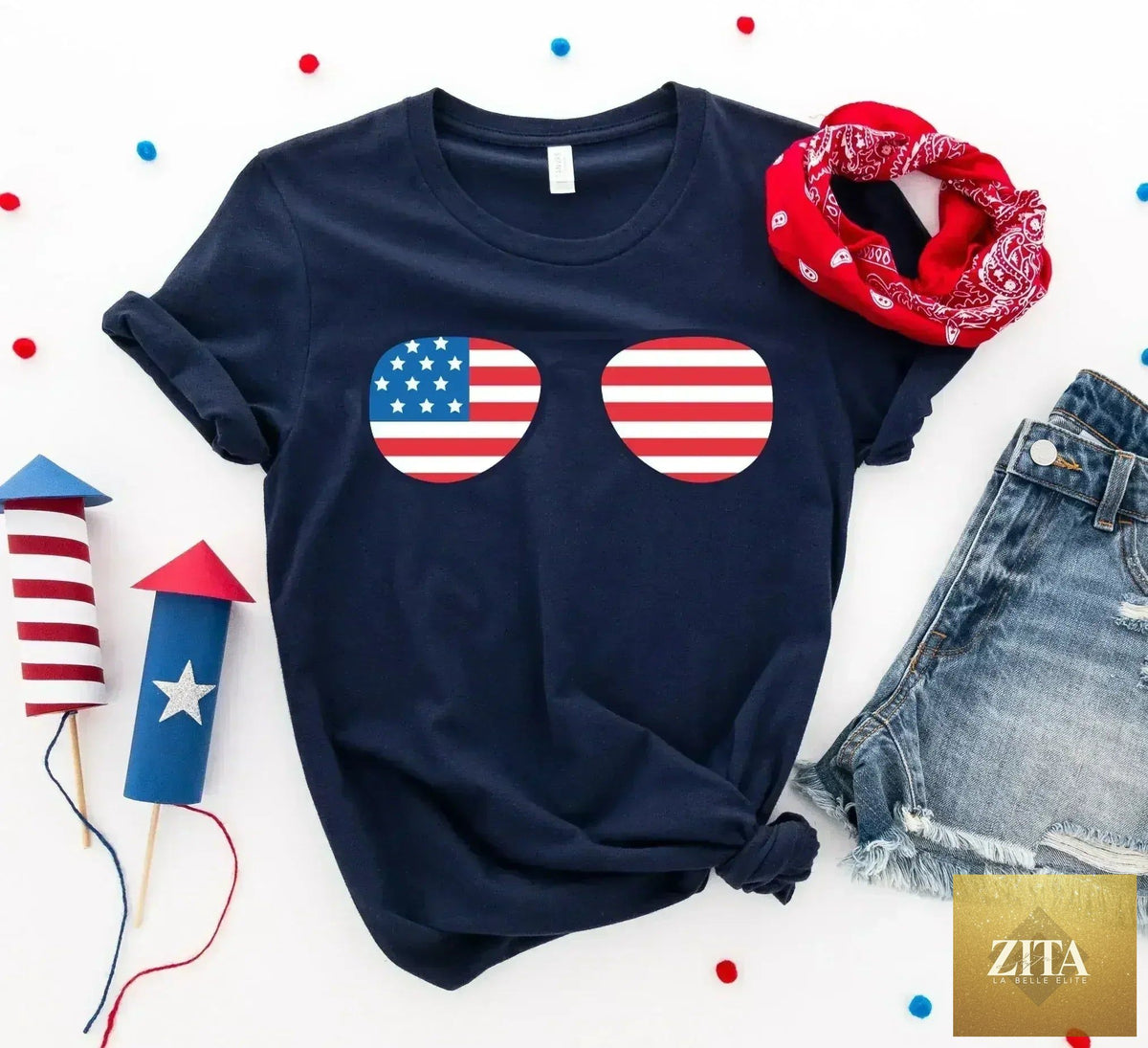 Femstylo American Flag Sunglasses T-Shirt made of premium cotton, featuring a bold flag and sunglasses graphic on the front.