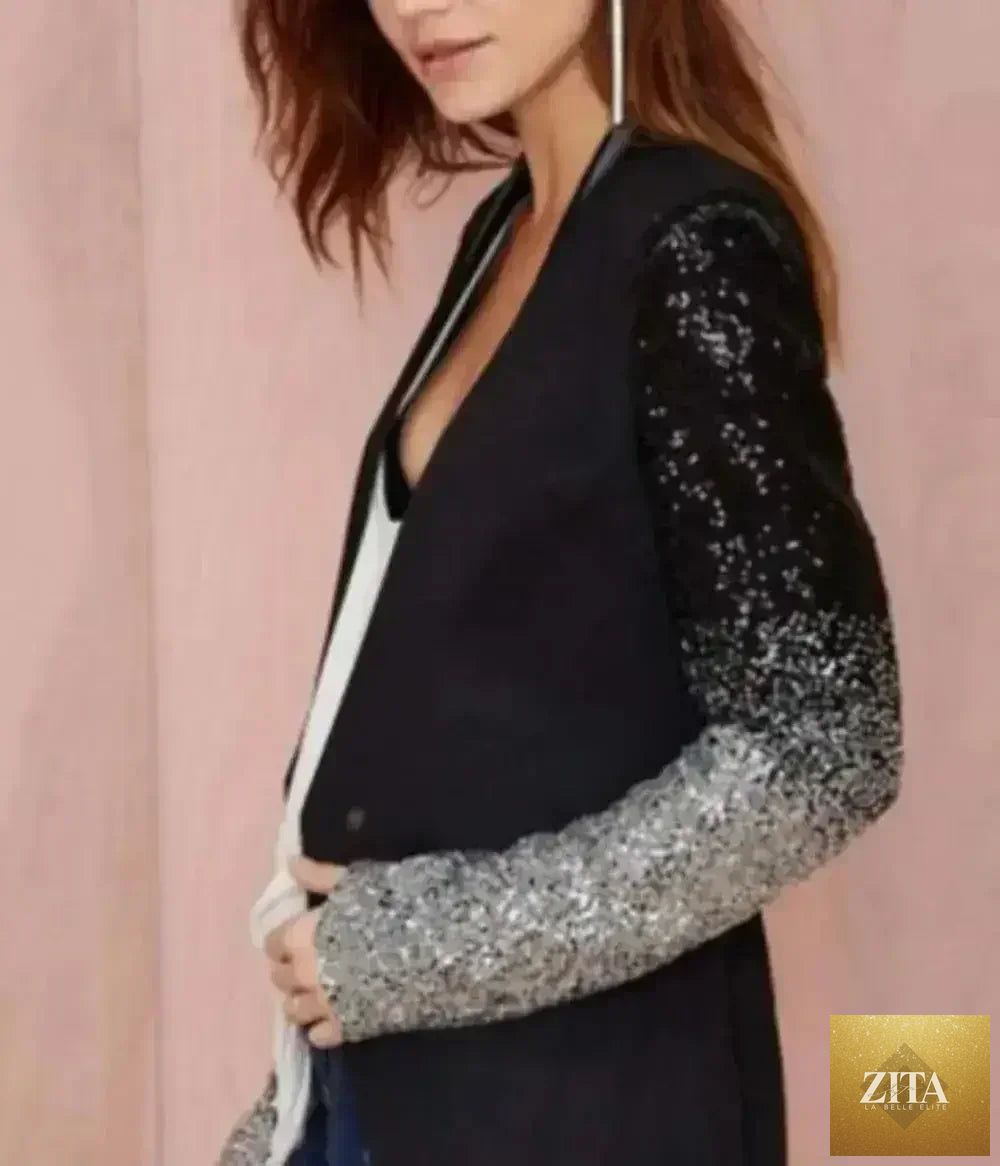 Femstylo women's blazer with sequined sleeves, stylish jacket featuring glittery detail on the sleeves for a chic look.