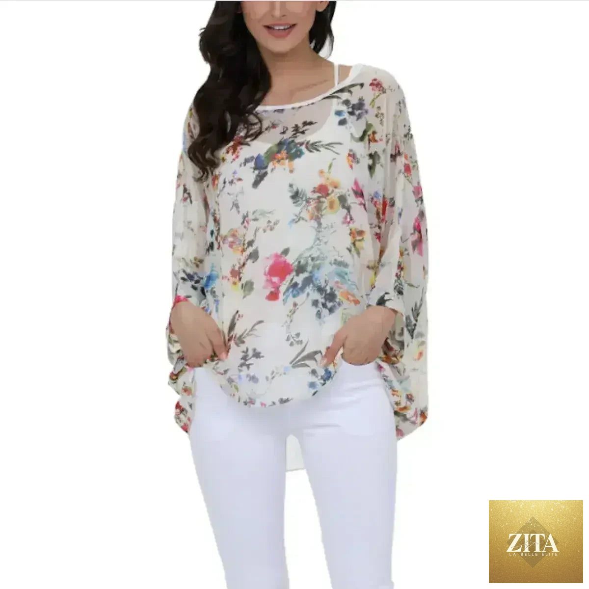 White floral chiffon tunic top by Femstylo, featuring a lightweight summer cover-up with a flowy silhouette and floral pattern.
