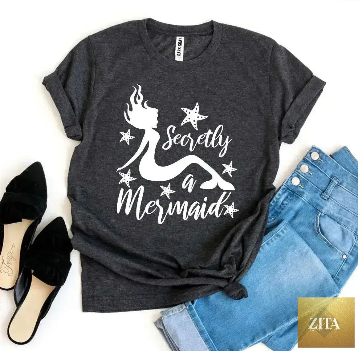 Femstylo Secretly a Mermaid T-shirt featuring a colorful mermaid design on a casual cotton tee.