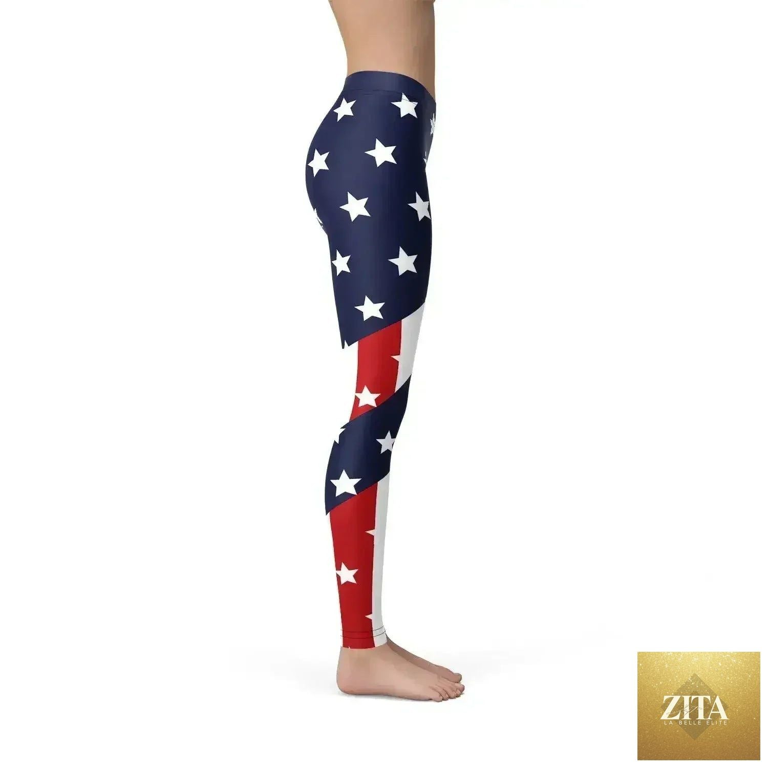 Women’s American flag leggings by Femstylo featuring patriotic stars and stripes pattern on stretchy fabric.