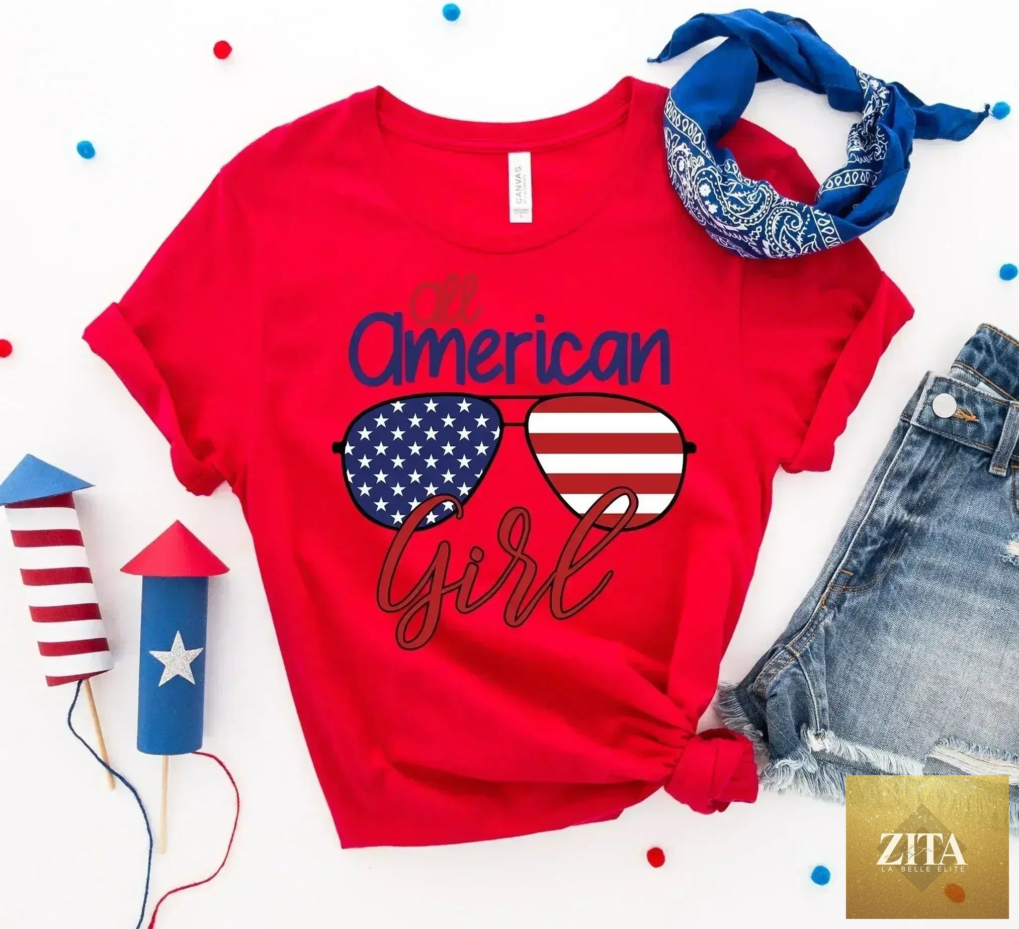 Femstylo All American Sunglasses Printed Girl T-shirt by Bella Canvas, featuring colorful graphic design on soft cotton fabric.