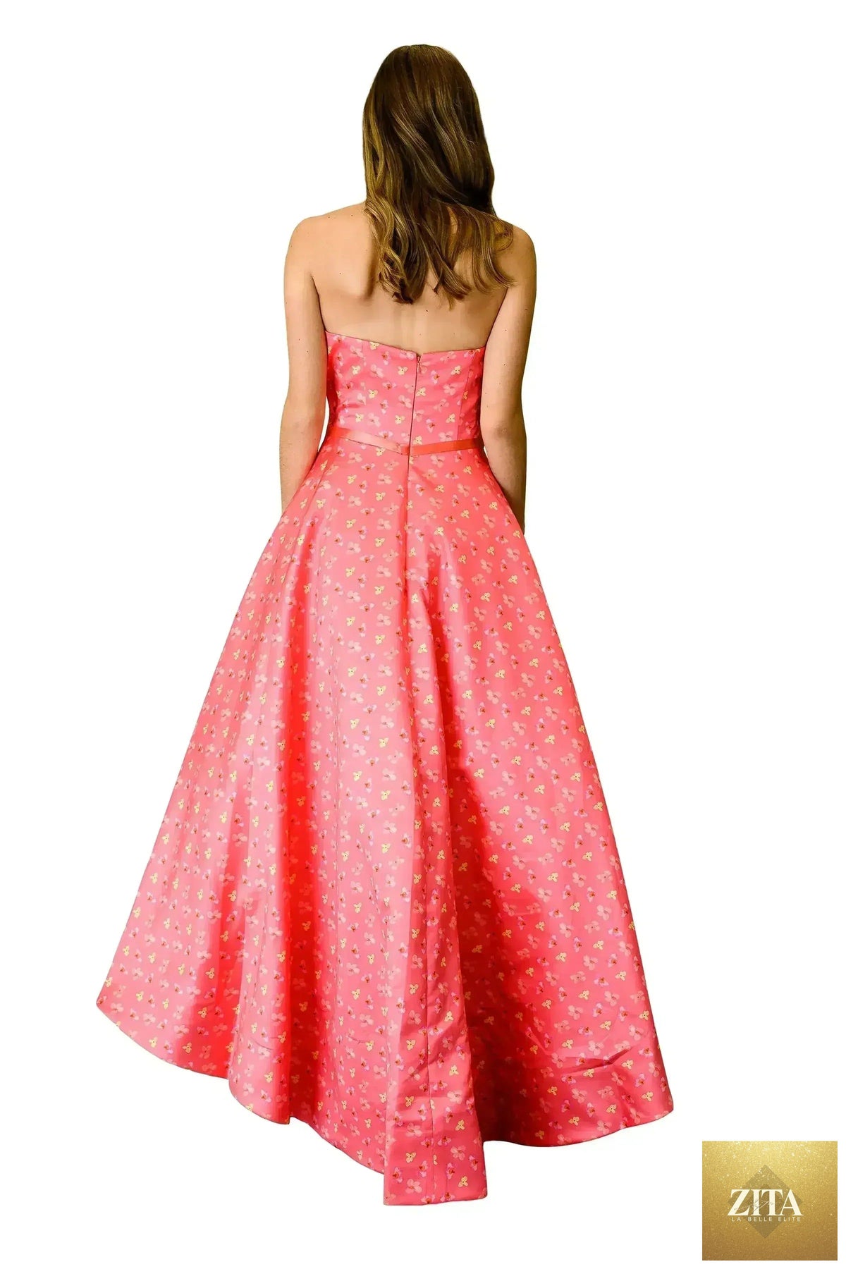 Elegant Femstylo shoulder-less formal train dress featuring a fitted bodice and flowing skirt for special occasions.