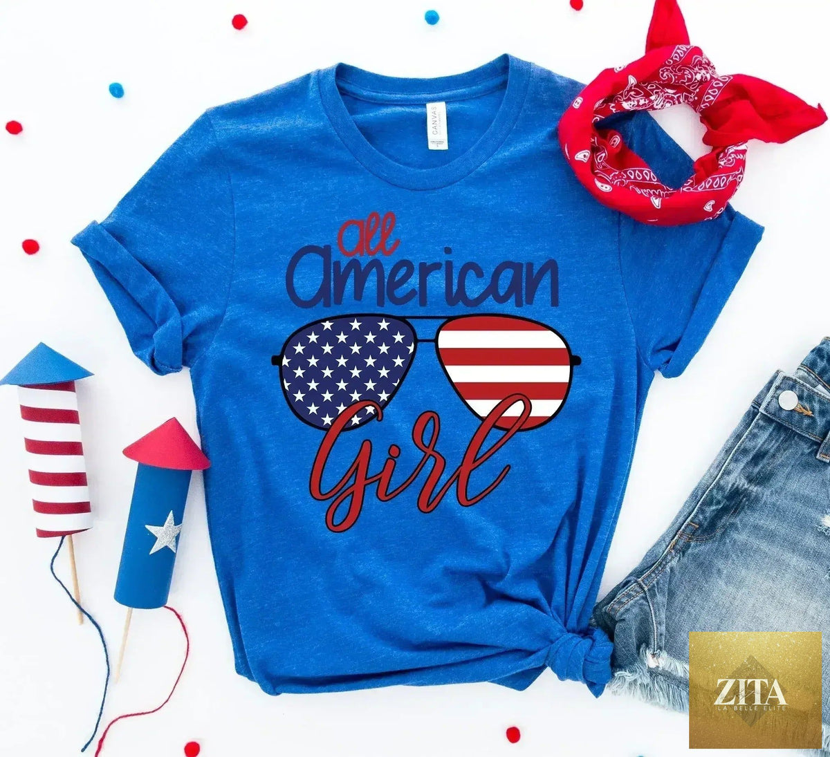 Femstylo All American Sunglasses printed girl T-shirt by Bella Canvas, featuring colorful sunglasses graphic on soft cotton fabric.