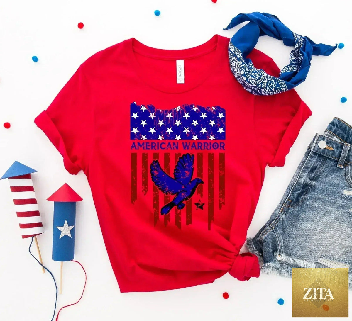 Femstylo American Warrior T-shirt featuring premium ring-spun cotton, showcasing strength and pride in a casual, comfortable fit.