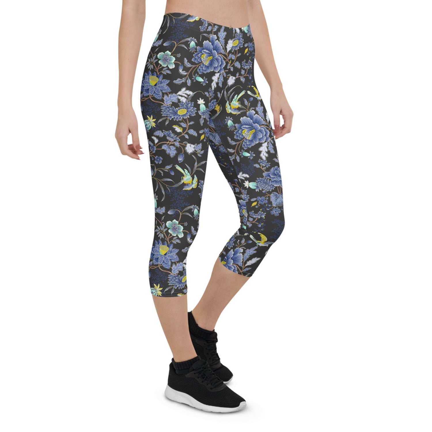Oriental Floral Capri Leggings on Dark Gray Maroon Sooty