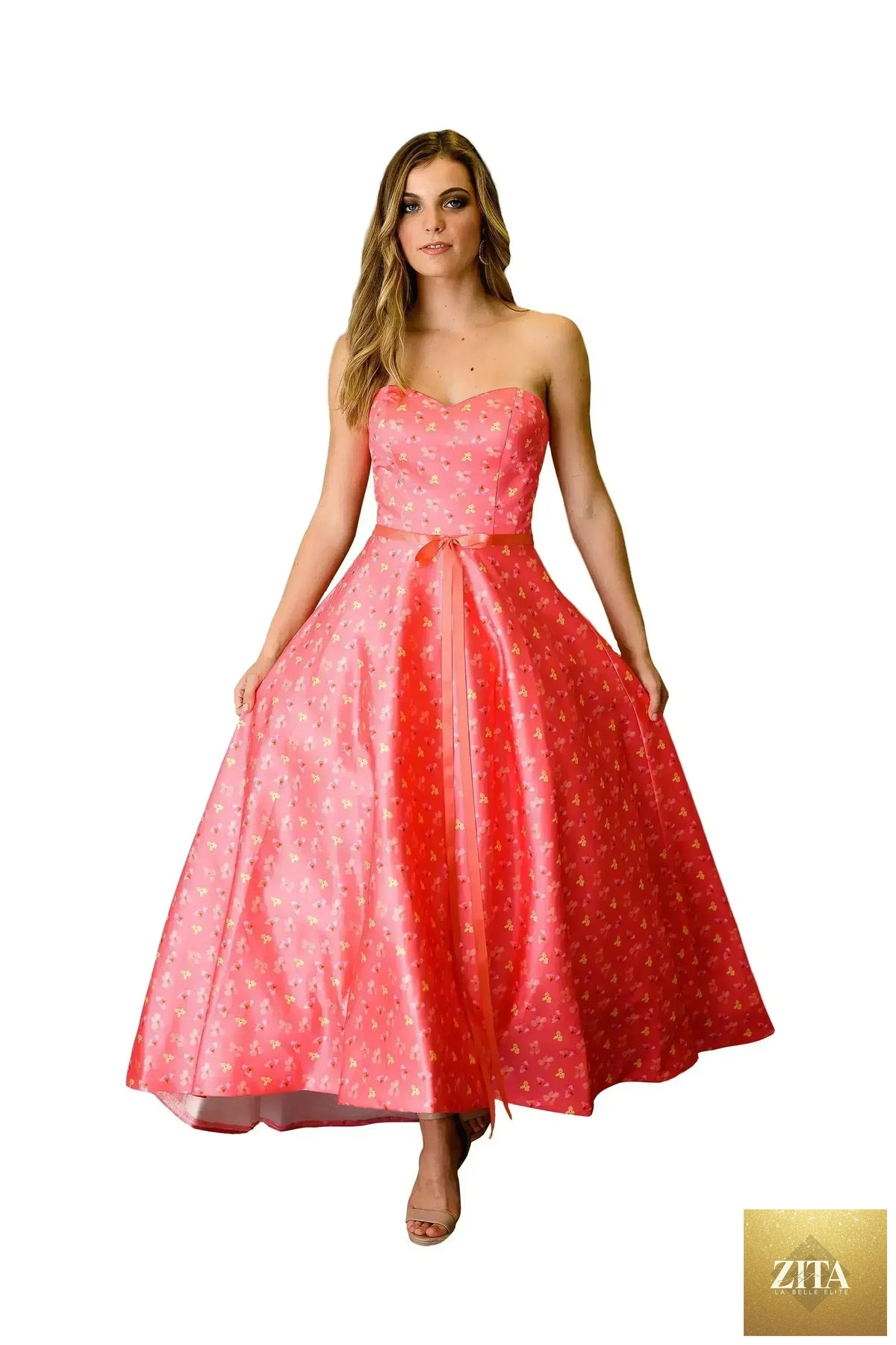 Elegant femstylo shoulder-less formal train dress with fitted bodice and flowing skirt, perfect for special occasions.