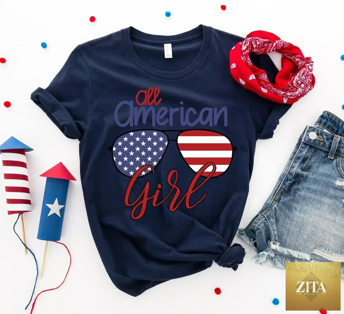 Femstylo All American Girl T-shirt with printed girl graphic on Bella Canvas, casual short-sleeve cotton tee for women.