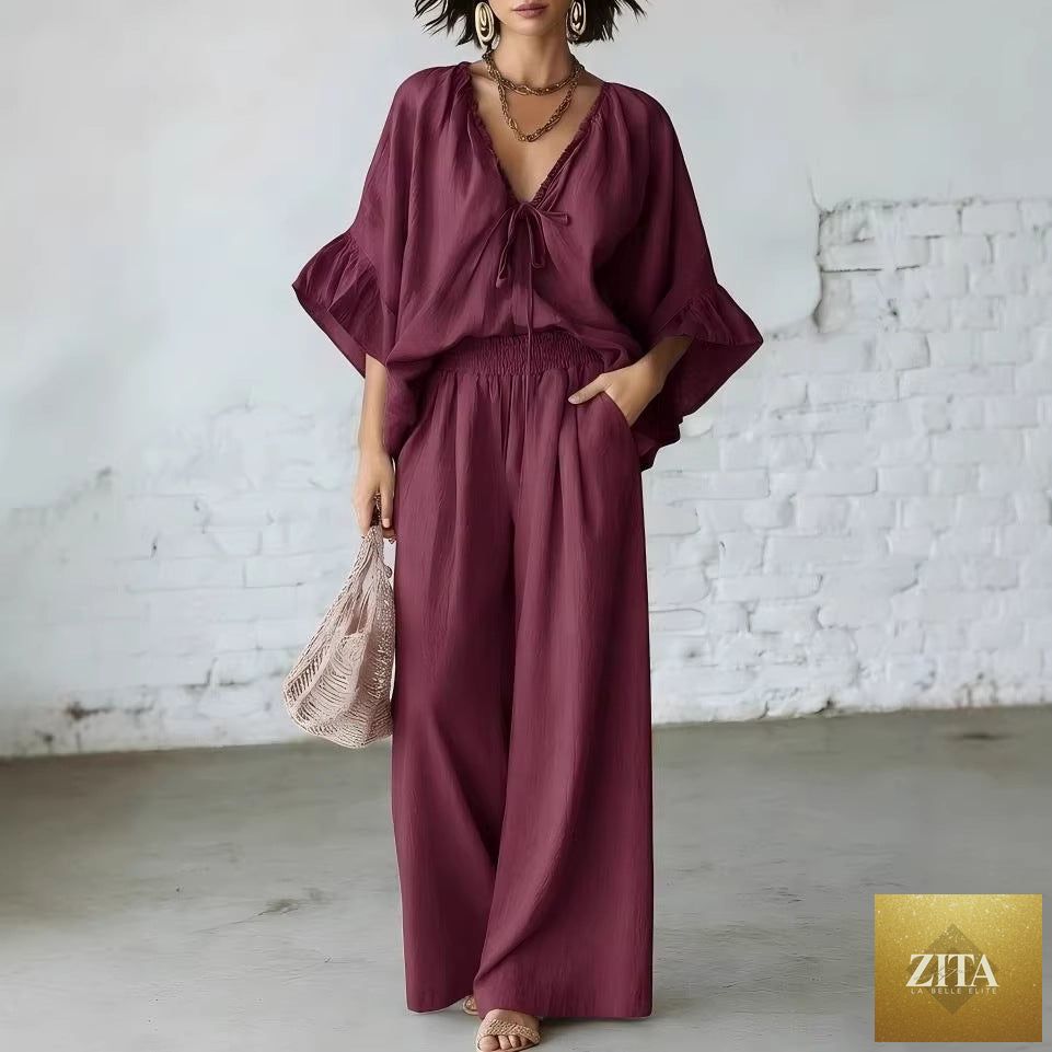 Women's loose-fit V-neck top and wide-leg pants casualwear set by Zita La Belle Elite, shown in a relaxed fit and comfortable style.