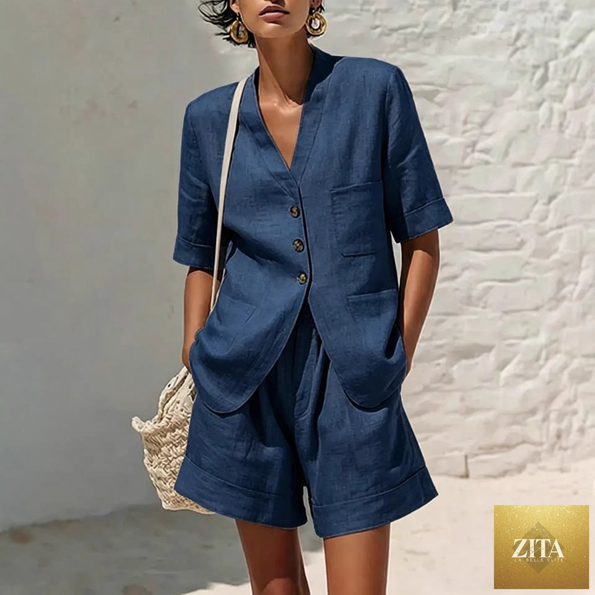Women's cotton-linen loose-fit T-shirt and cropped shorts two-piece casual set by Zita La Belle Elite, shown in a relaxed fit on a model.