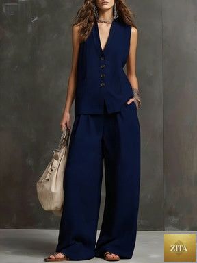 Zita La Belle Elite women's sleeveless vest and wide-leg pants two-piece casualwear set in various colors, XS to 3XL.