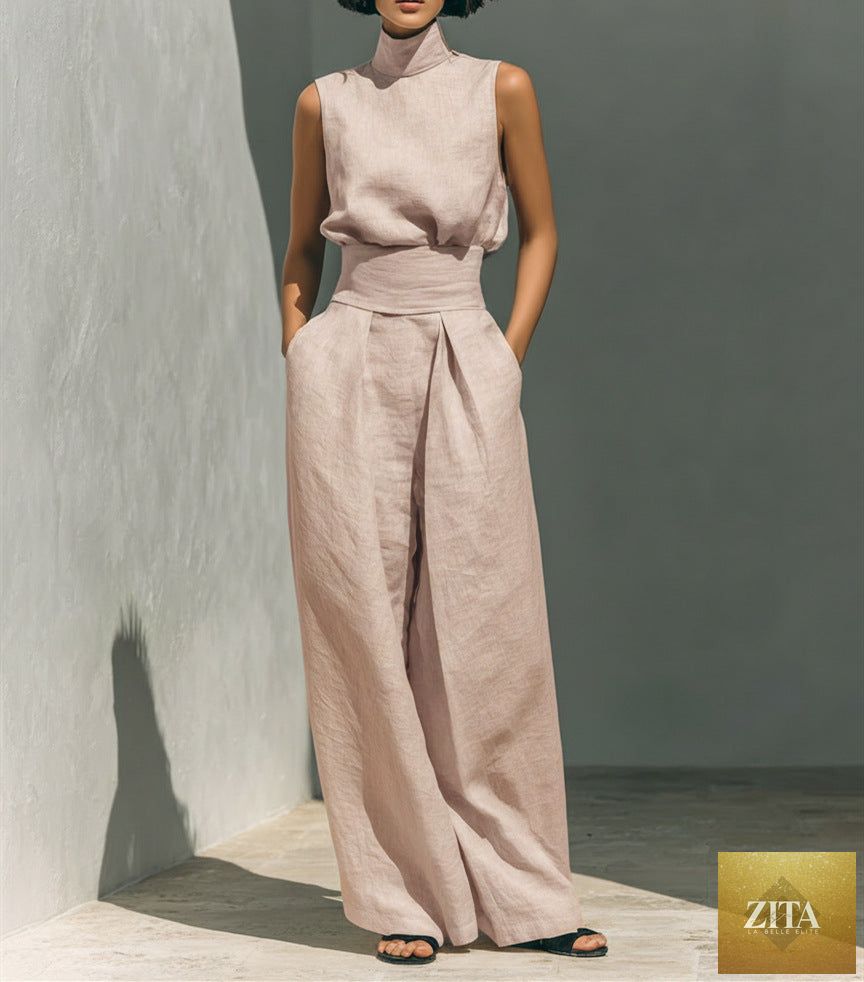 Casual sleeveless summer suit by LadyShow with stand-up collar pullover top and loose straight-leg trousers, in a light, breathable fabric.