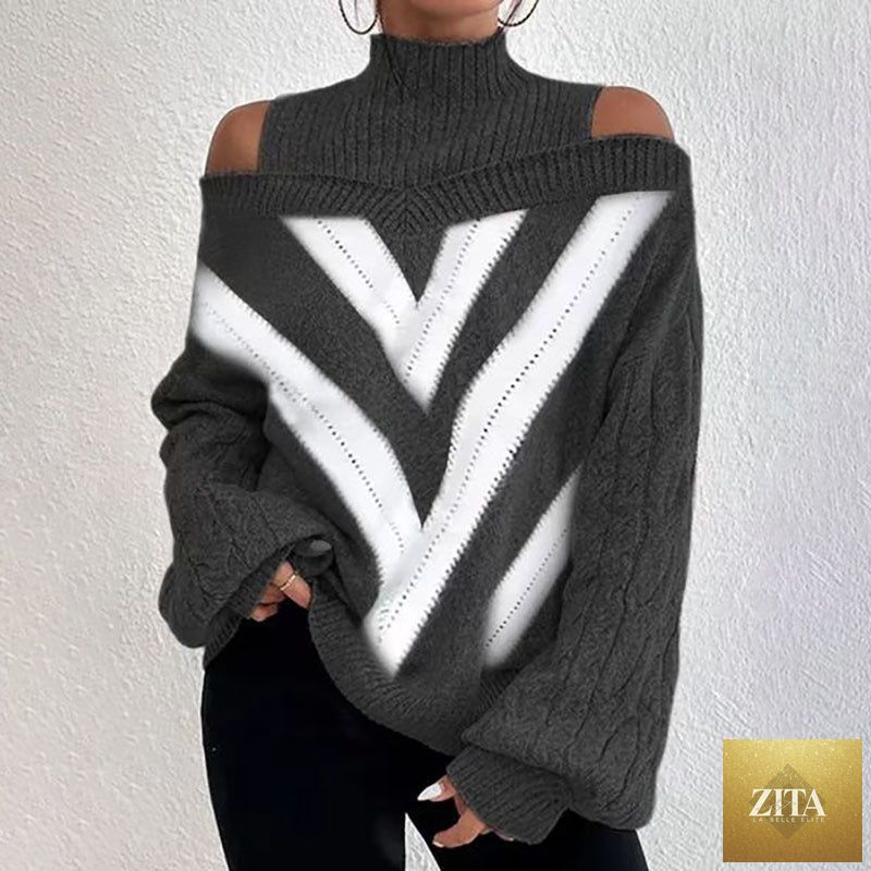 Women’s elegant off-shoulder turtleneck sweater by FitiqueFit featuring long sleeves and a stylish knit design.