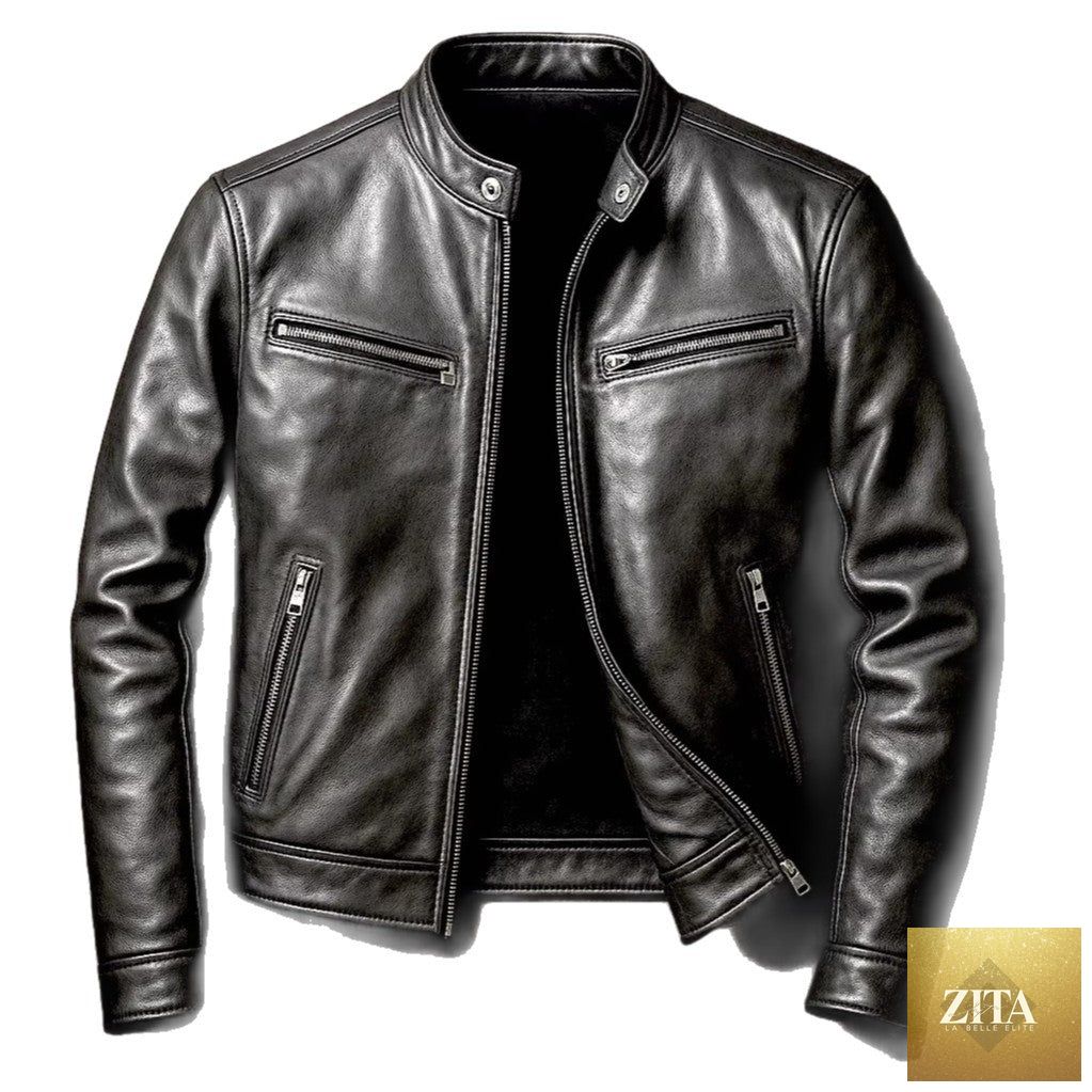 Mens PU leather motorcycle jacket with stand-up collar by MANDOTOS, featuring a sleek design and zipper details.