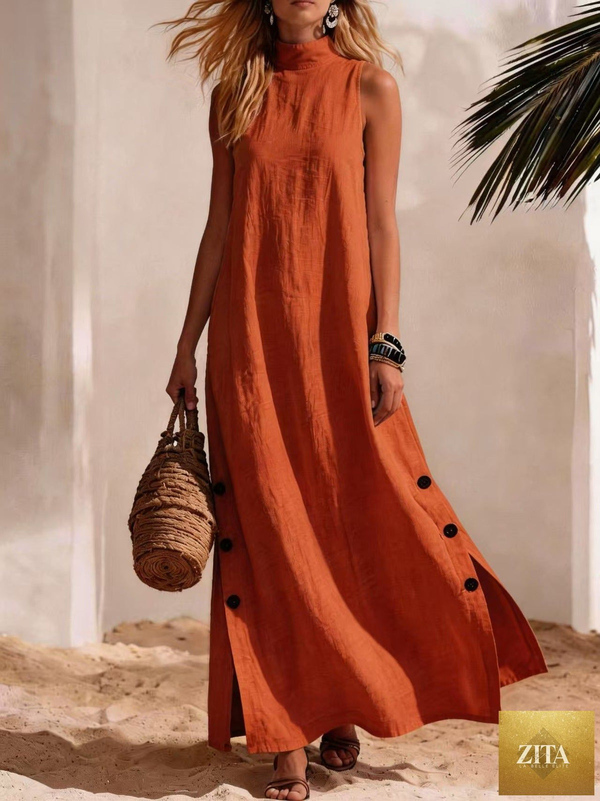 FitiqueFit cotton linen sleeveless midi dress with side slits, loose fit, perfect for warm weather and casual occasions.
