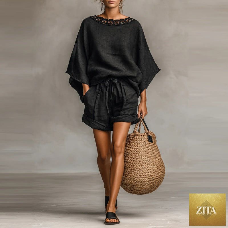 Women’s casual Zita La Belle Elite solid color T-shirt and shorts set, featuring a relaxed fit and comfortable fabric.