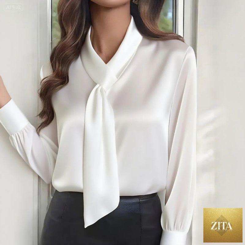 Women's lightweight casual blouse with ribbon details by FitiqueFit, featuring a business casual style and relaxed fit.