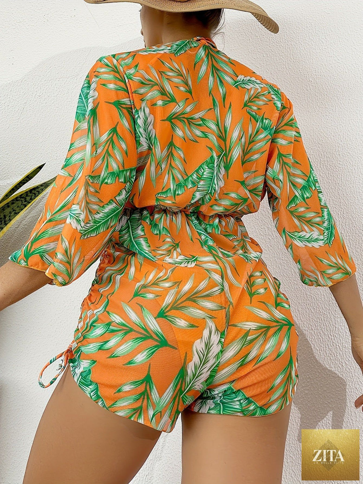 Stevvex Island Bloom 3-piece bikini set for women with tropical leaf print, high waist bottoms, halter top, and matching cover-up.