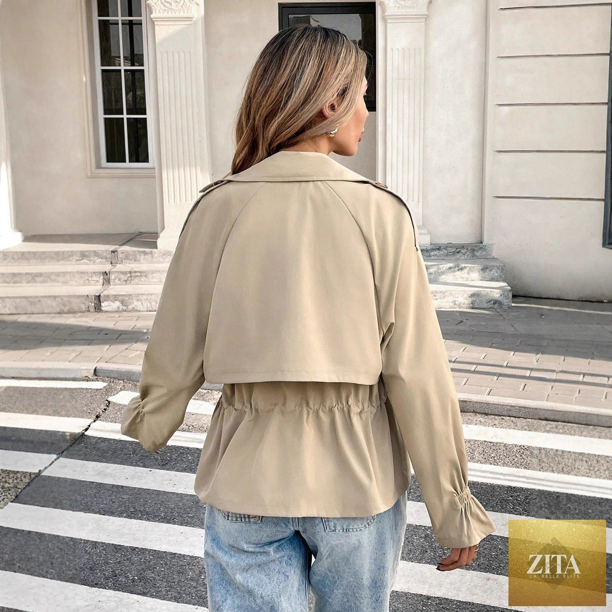 Women's khaki casual jacket with drawstring waist by Zita La Belle Elite, featuring a figure-flattering, comfortable fit.