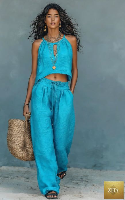 Women's linen blend summer two-piece set with sleeveless tank top and wide-leg pants by FitiqueFit, casualwear for warm weather.