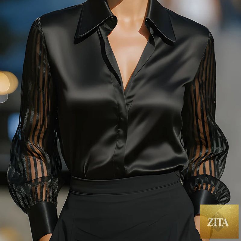 Women’s satin lapel collar blouse by FitiqueFit, sheer long sleeve button-down shirt ideal for office and spring/autumn casual wear.