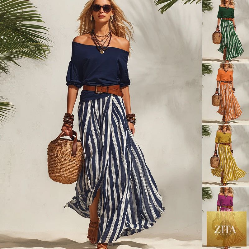 Zita La Belle Elite women's off-shoulder casual top and slit maxi skirt set, featuring a stylish, relaxed fit and elegant design.