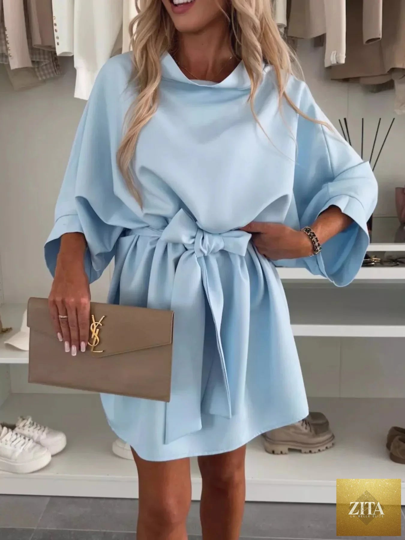 Batwing sleeve tie waist mini dress by Shopiebay, featuring a stylish silhouette and fashionable design for casual or dressy occasions.