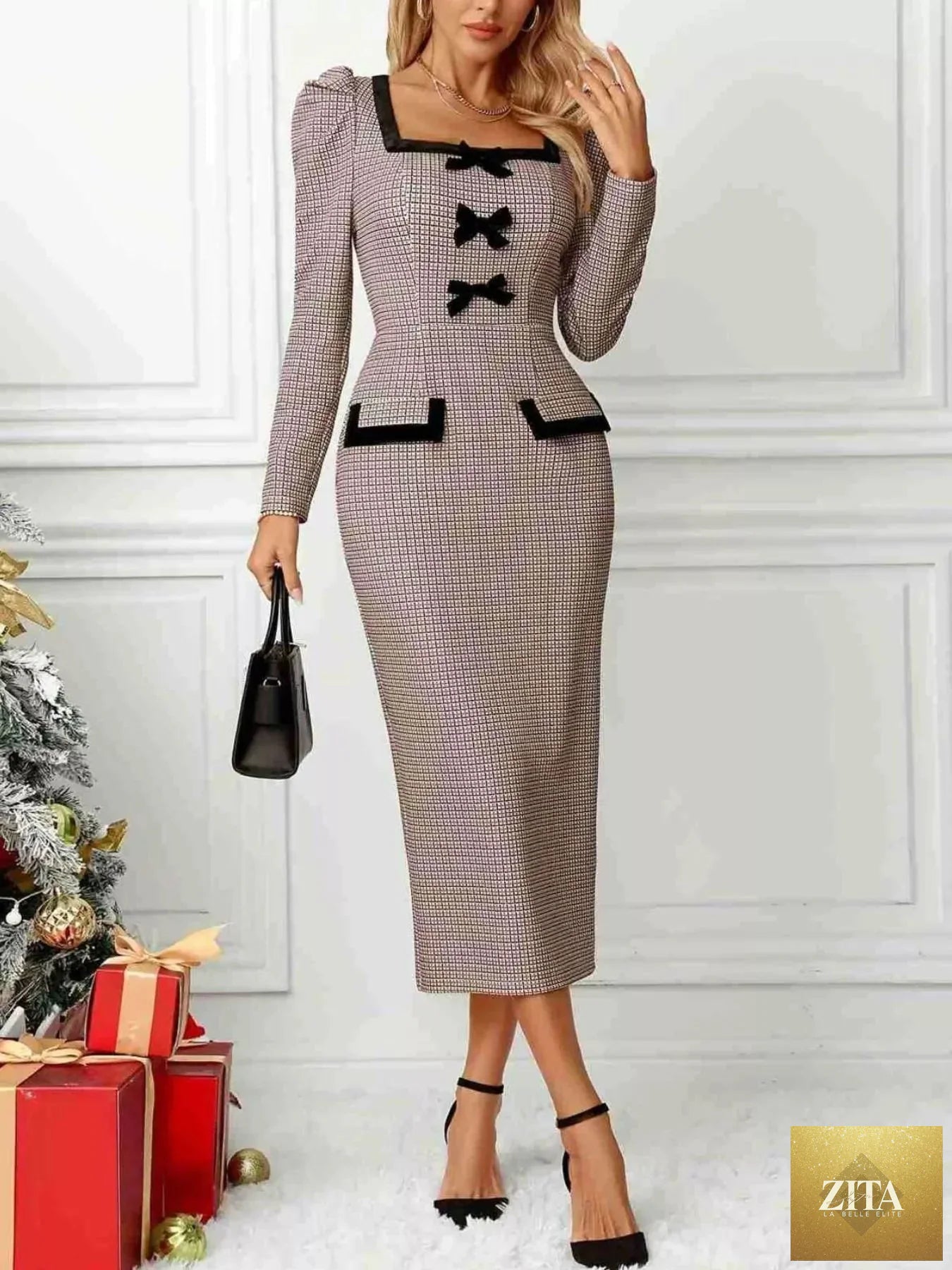 Houndstooth bow square neck dress by Shopiebay featuring a classic pattern and elegant design, shown on a model.