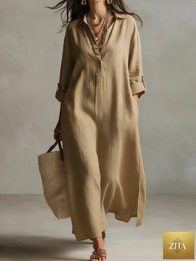 Women's casual linen shirt dress with long sleeves, relaxed fit, by Zita La Belle Elite, shown on a model in a stylish setting.