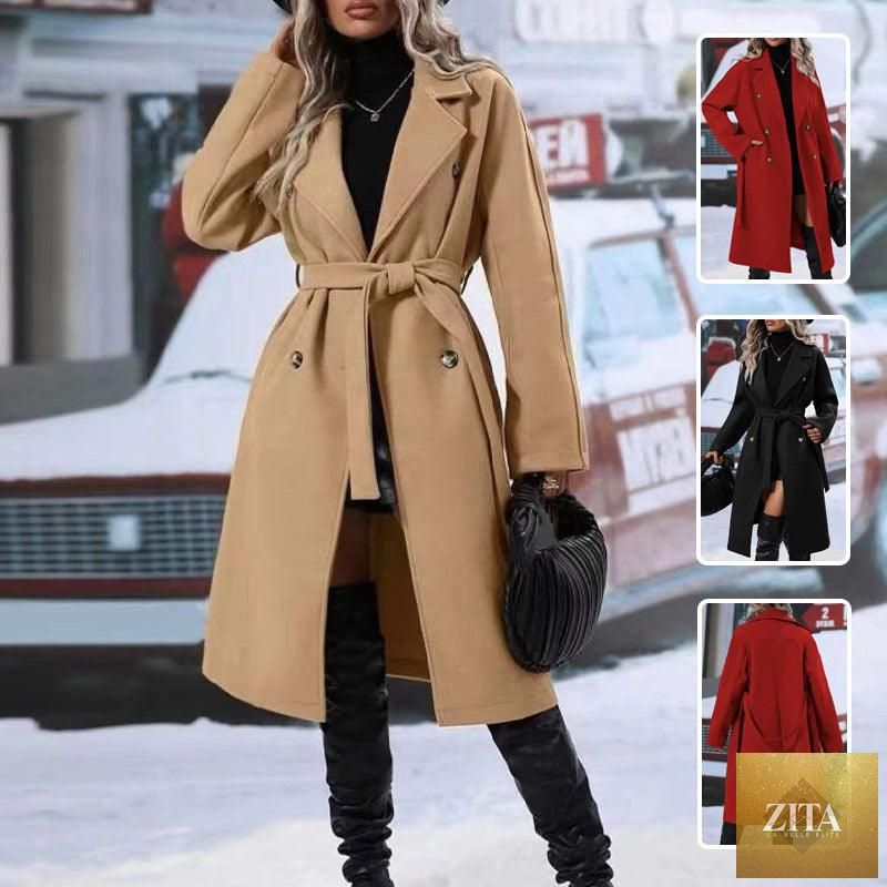 Zita La Belle Elite women's winter coat, double-breasted trench style with notched lapel collar, belt, long wool blend overcoat.