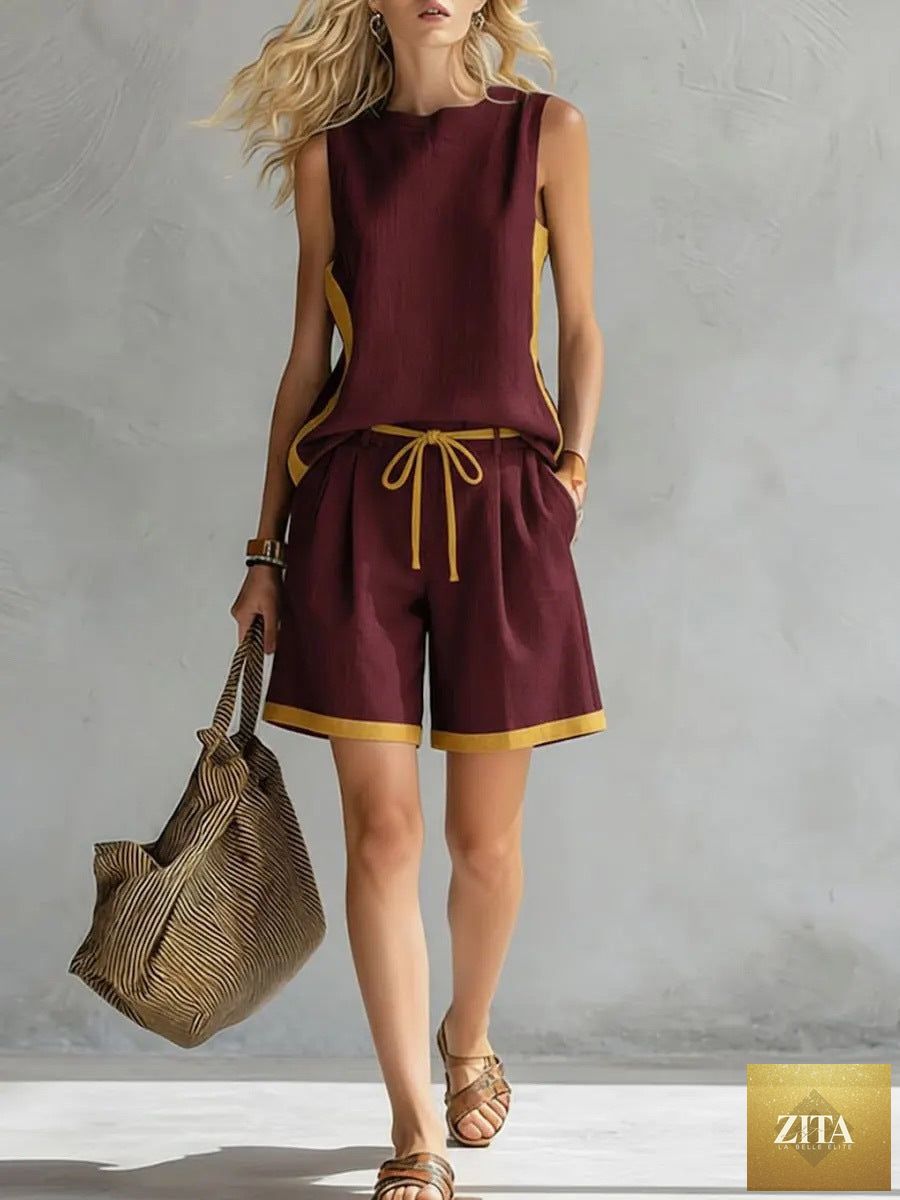 Zita La Belle Elite solid color casual vest and shorts set, loose fit, comfortable casualwear for everyday wear.