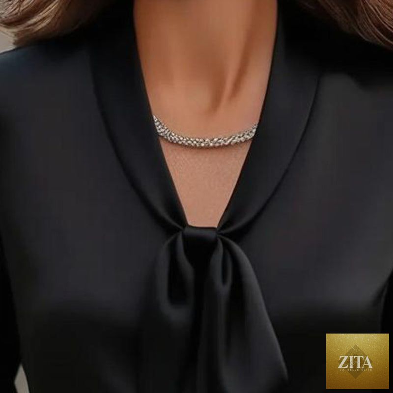 FitiqueFit satin ribbon blouse featuring long sleeves, button-down casual shirt with elegant satin details and a relaxed fit.