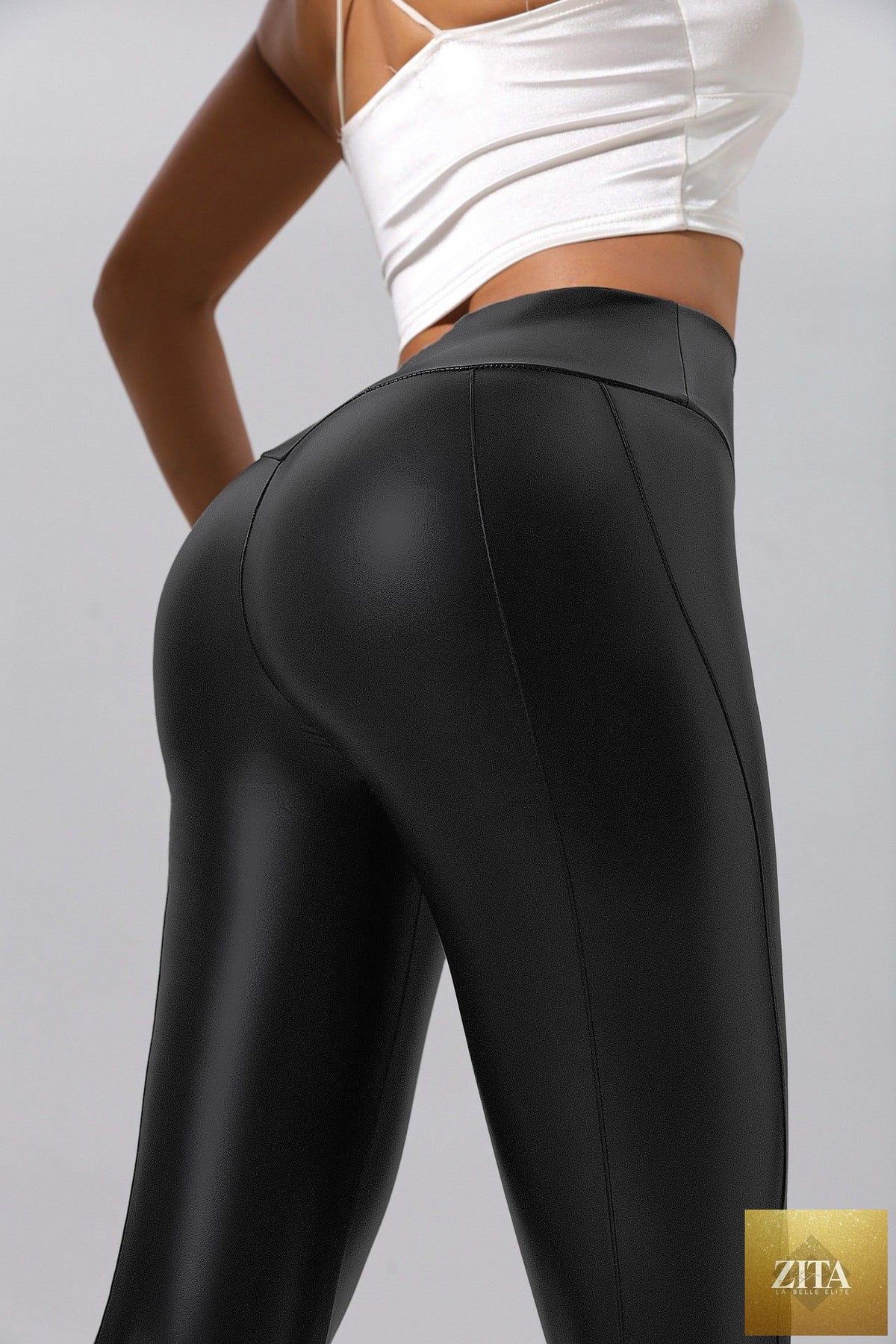 Women’s patchwork leather pants by Zita La Belle Elite, casualwear for running, fitness, and yoga, featuring stylish patchwork design.