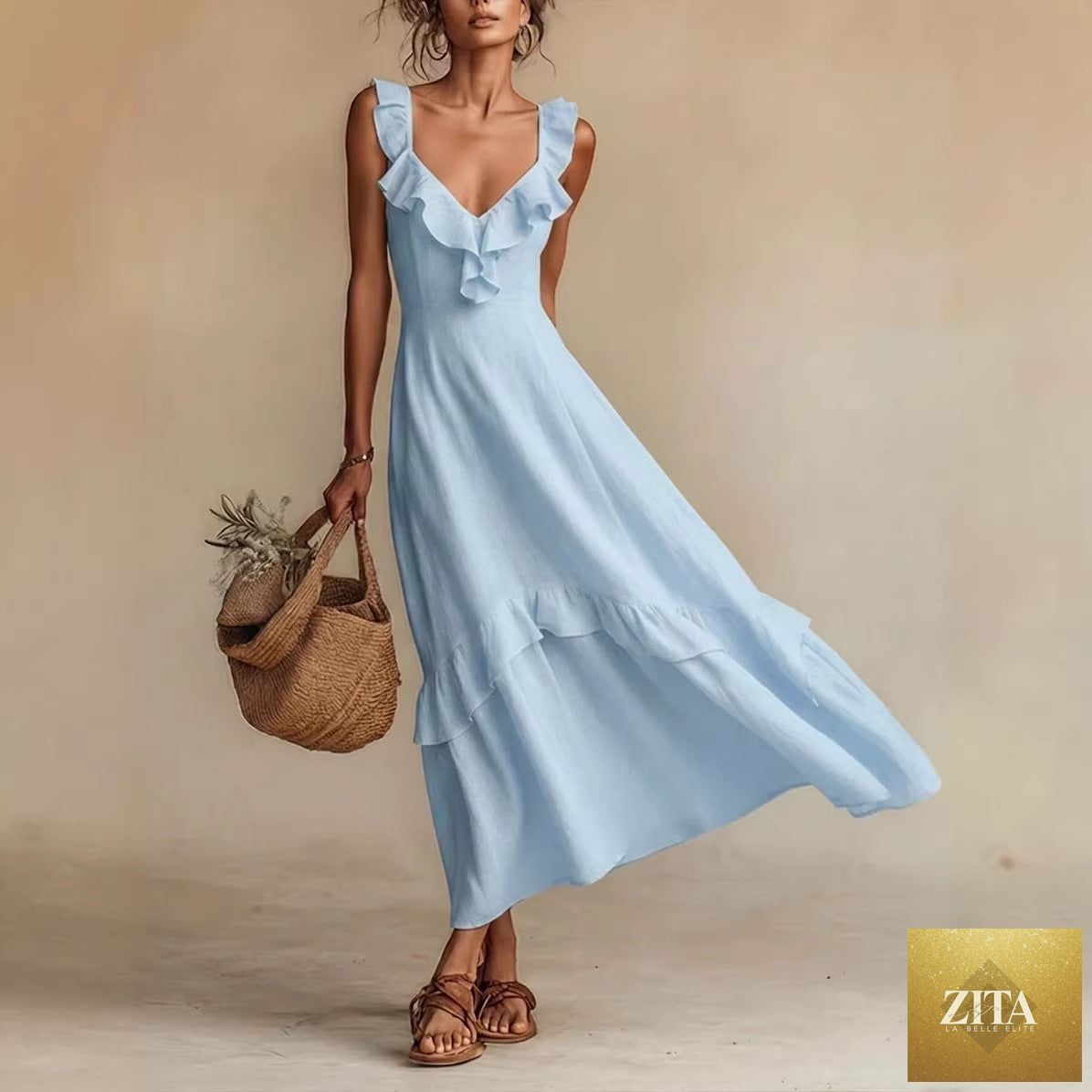 FitiqueFit sleeveless ruffle detail high-waist maxi dress in various colors, casualwear, available in sizes S to 3XL, shown in image.