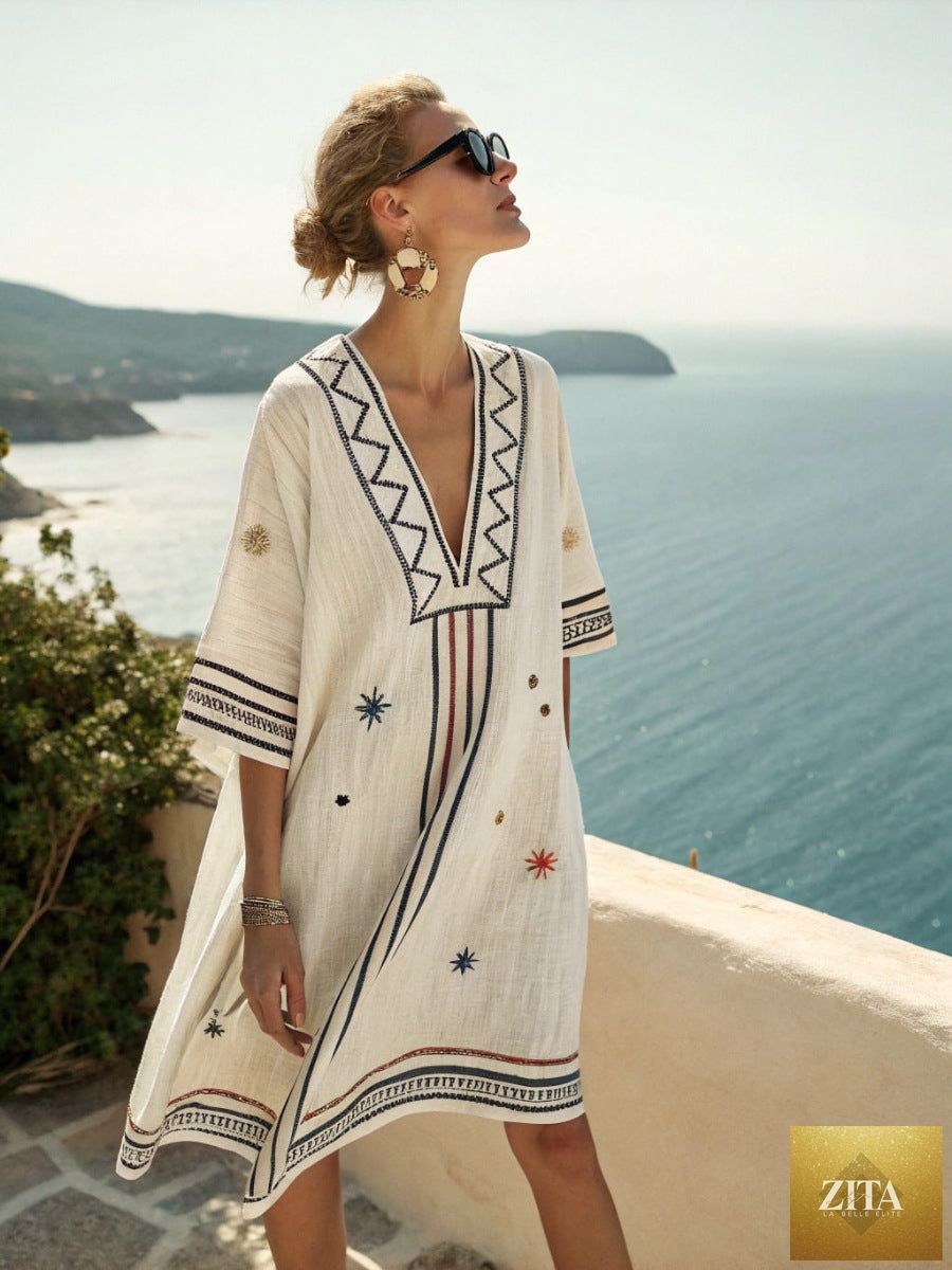 Women's printed loose A-line beach midi dress by Zita La Belle Elite, featuring a flowy design perfect for vacation resort wear.