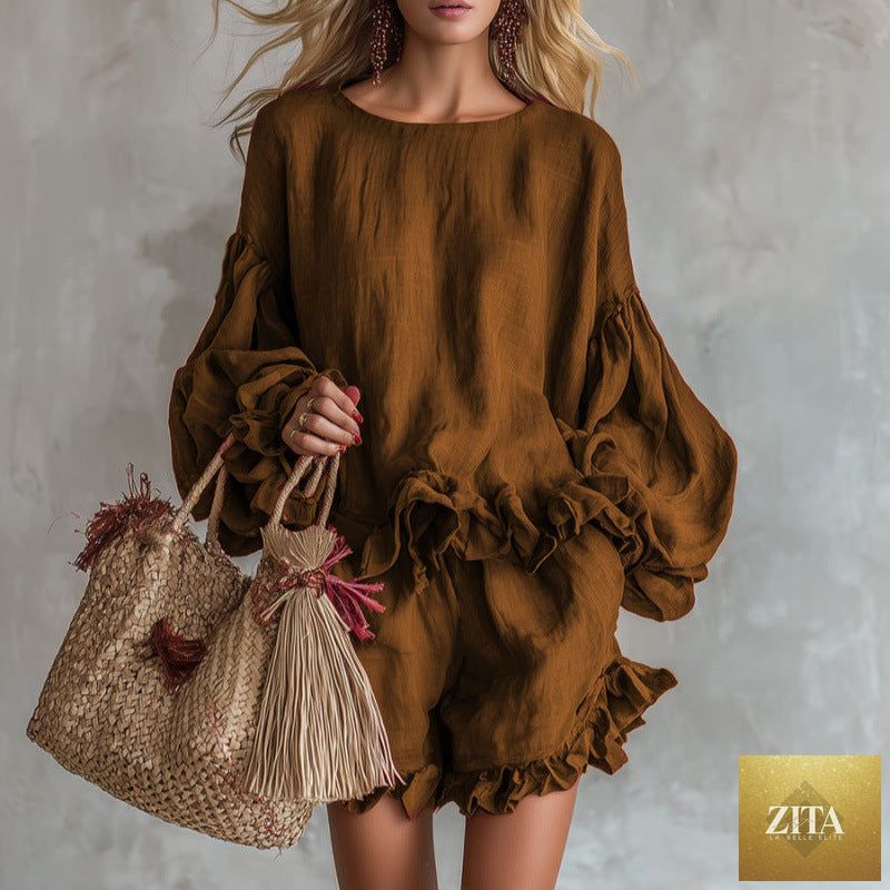 Women’s casual two-piece set featuring lantern sleeve top and shorts by Zita La Belle Elite, loose fit, comfortable for everyday wear.