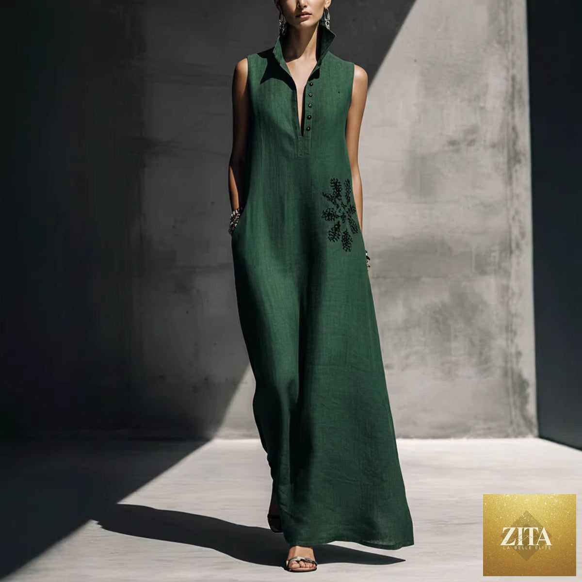 Women's cotton linen maxi dress with mandarin collar, graphic print, and pockets from FitiqueFit casualwear collection.