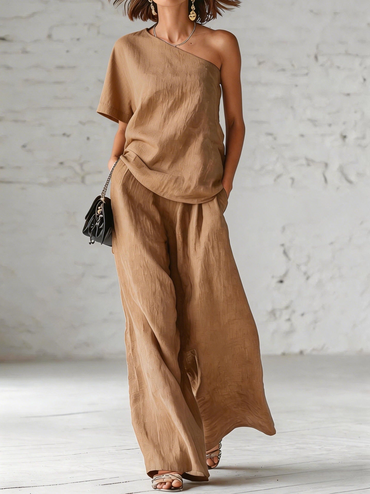 Women's wide-leg pants and top set from FitiqueFit, casualwear 2-piece outfit with three-quarter sleeves, styled for relaxed comfort.