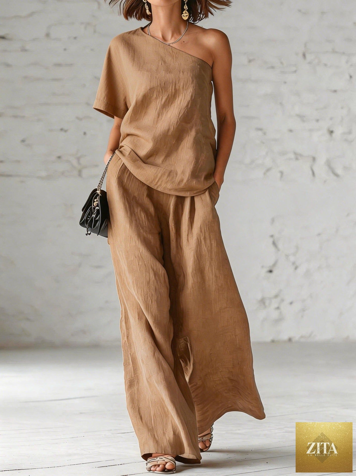 Women's wide-leg pants and top set by Zita La Belle Elite, casual 2-piece outfit with three-quarter sleeves, lightweight and stylish.