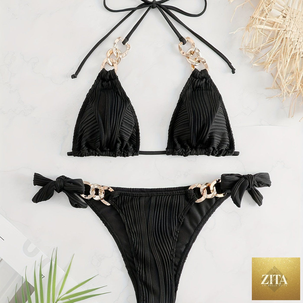 Striped gold chain bikini set with ruched texture, halter top, bow tie sides, and ring link detail, perfect for summer beachwear.